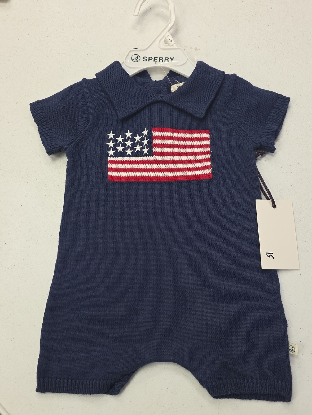 Sperry Navy Knit Baby Romper with Flag Patch